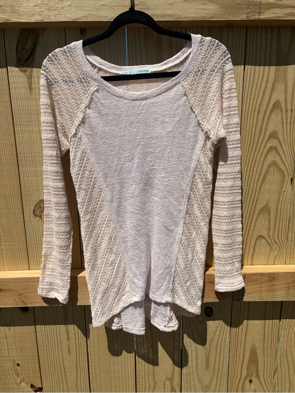 Maurices Cream Long Sleeve Distressed Textured Panel Tee Small